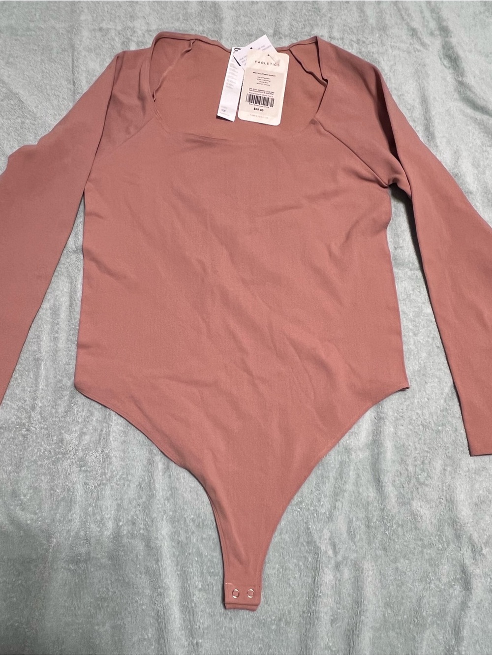 Fabletics Mindy SculptKnit Bodysuit 1X Plus Desert Long Sleeve Scoop Neck Thong